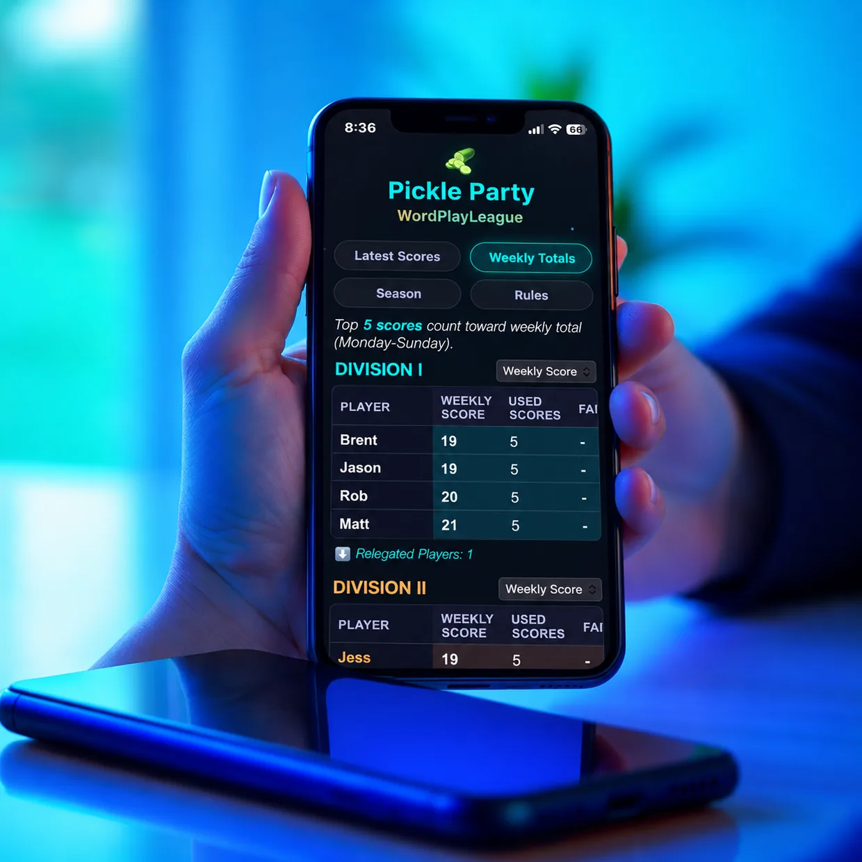A WordPlayLeague weekly table on a phone, showing each player's daily scores and weekly total.