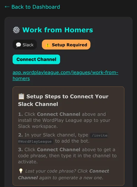 The public league page link at the top of the dashboard.
