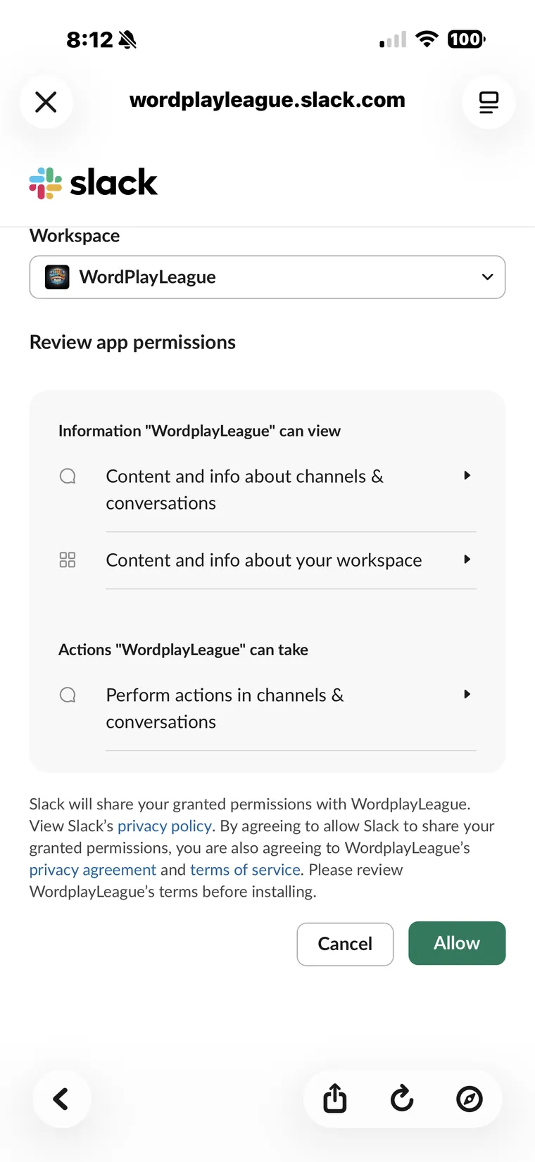 The Add to Slack button and the generated pass phrase.
