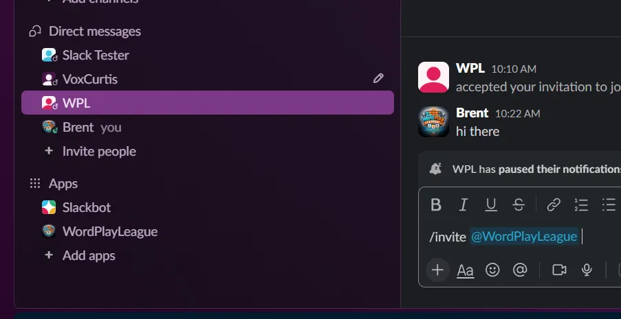 Running the invite command in a Slack channel.