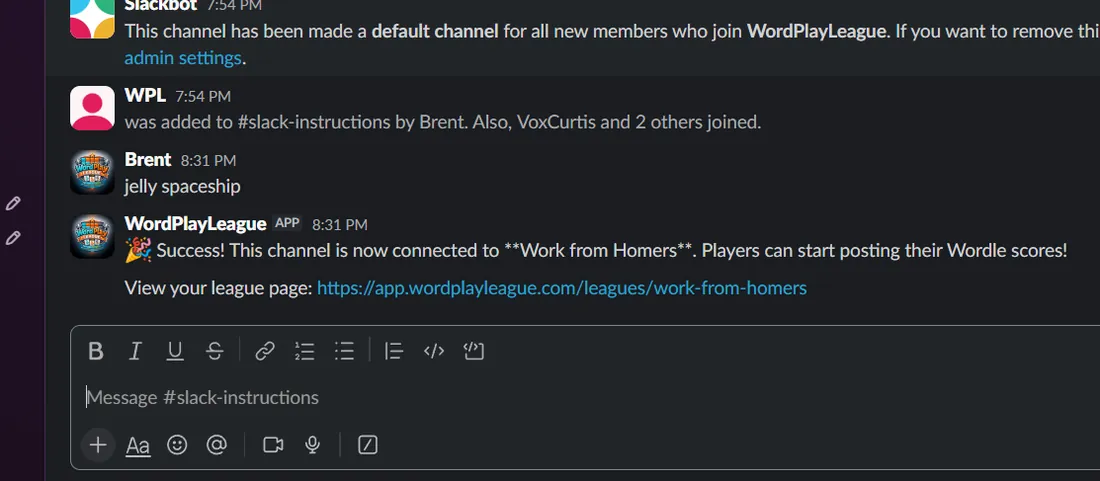 Typing the pass phrase in the Slack channel to connect it.